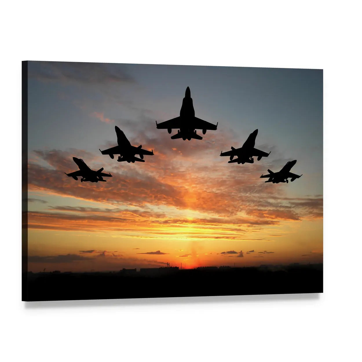 Five Fighter Jets at Sunset Canvas Wall Art, single panel gallery wrapped canvas, angled product view