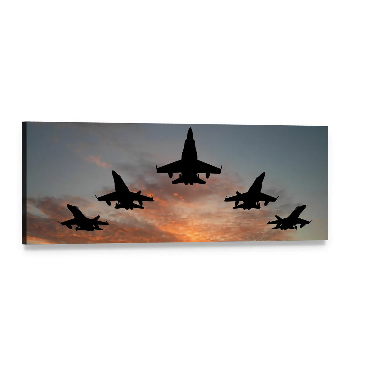 Five Jets in V-formation at Sunset Panoramic Canvas Wall Art, single panel gallery wrapped canvas, angled product view