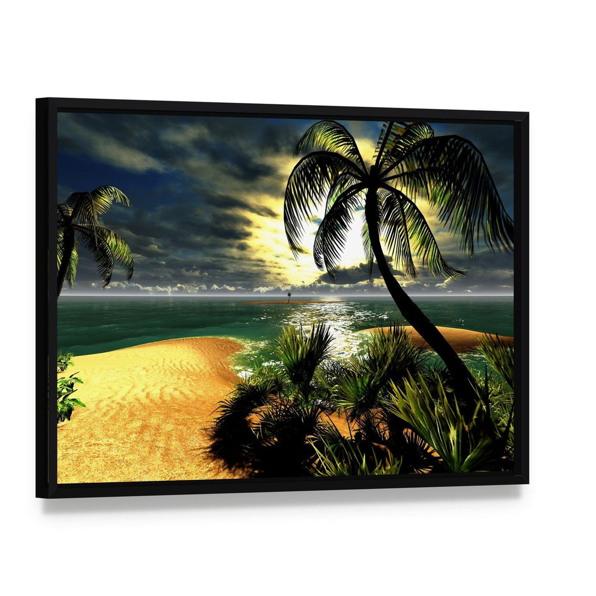 Sunset Over Tropical Beach Paradise Canvas Wall Art, framed canvas in a black floater frame, angled product view