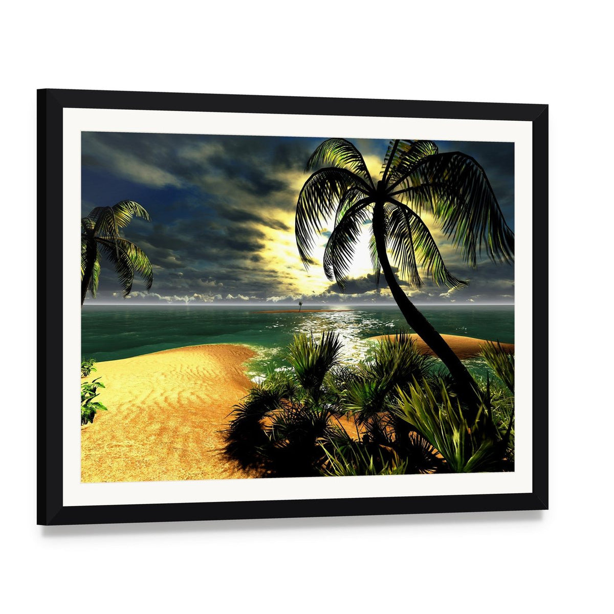 Sunset Over Tropical Beach Paradise Canvas Wall Art, framed print with white mat and black frame, angled product view