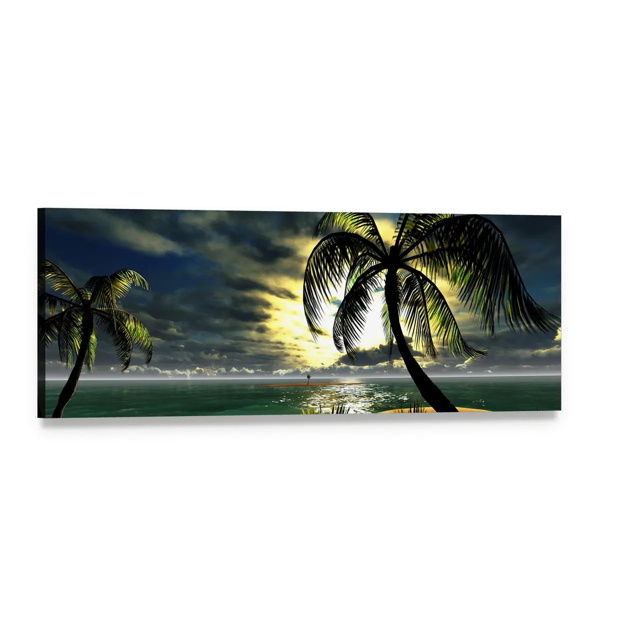 Tropical Sunset with Palm Silhouettes Panoramic Canvas Wall Art, single panel gallery wrapped canvas, angled product view