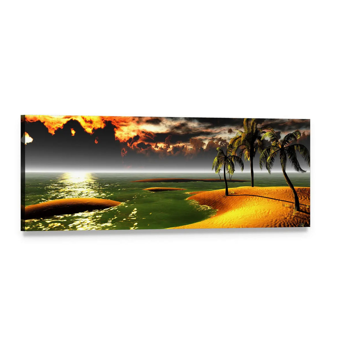 Hawaiian Sunset with Palm Silhouettes Panoramic Canvas Wall Art, single panel gallery wrapped canvas, angled product view