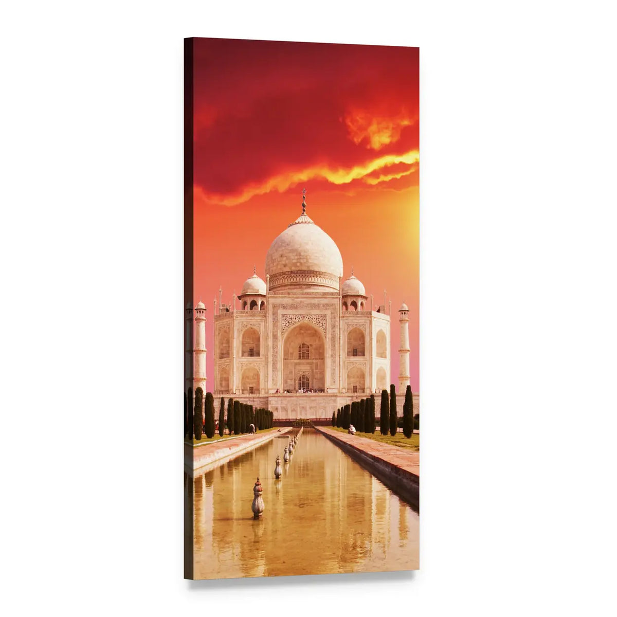Taj Mahal Reflection at Sunset Vertical Canvas Wall Art, 1 panel 1 Vertical layout gallery wrapped canvas set, angled product view