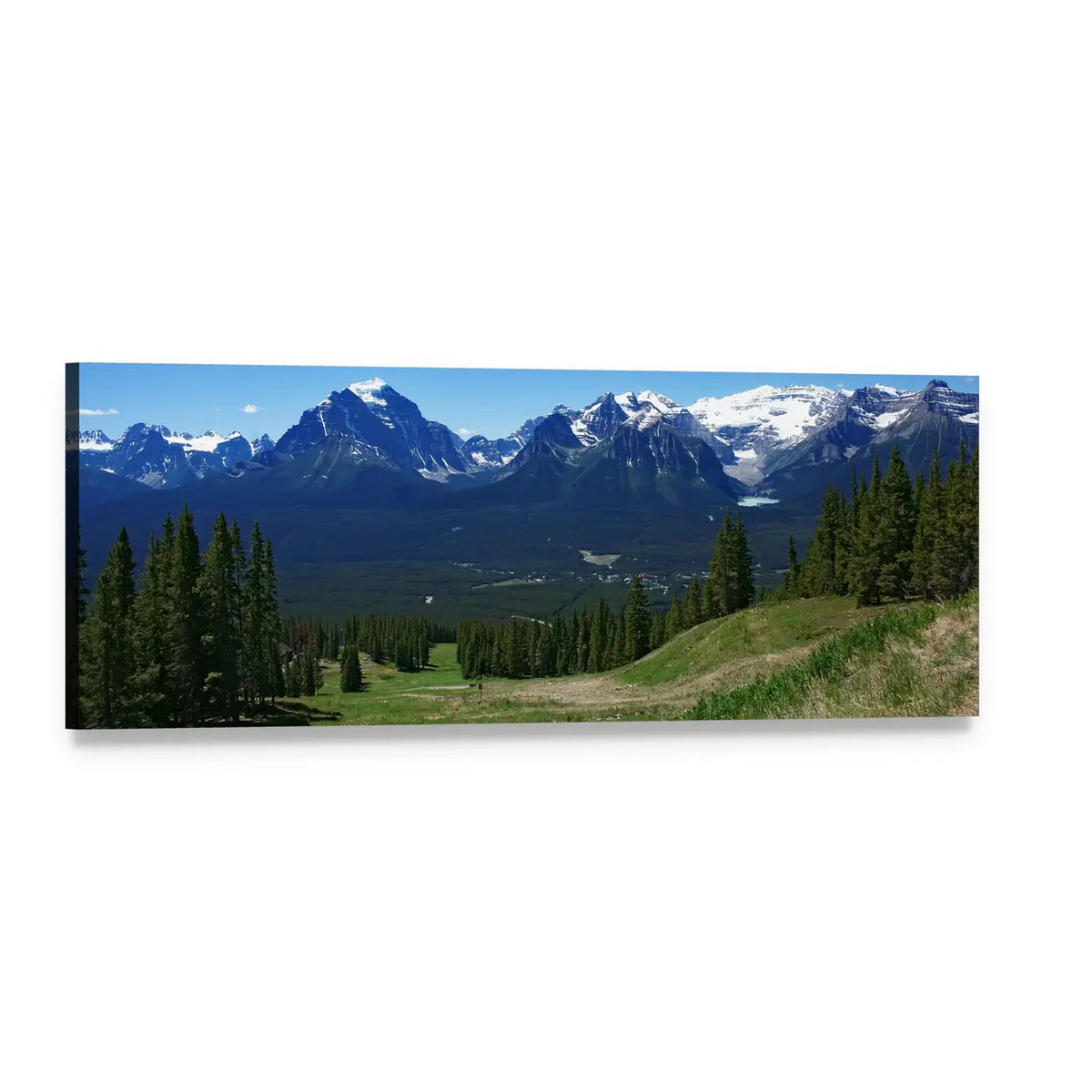 Banff Summer Mountain View Panoramic Canvas Wall Art, single panel gallery wrapped canvas, angled product view