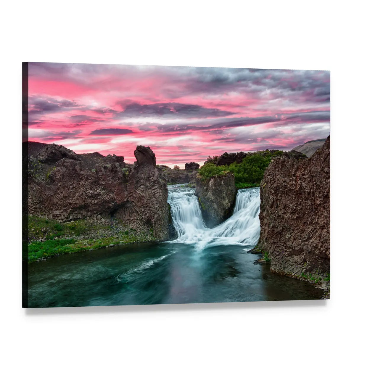 Double Waterfall Over Rocky Cliffs Canvas Wall Art, single panel gallery wrapped canvas, angled product view