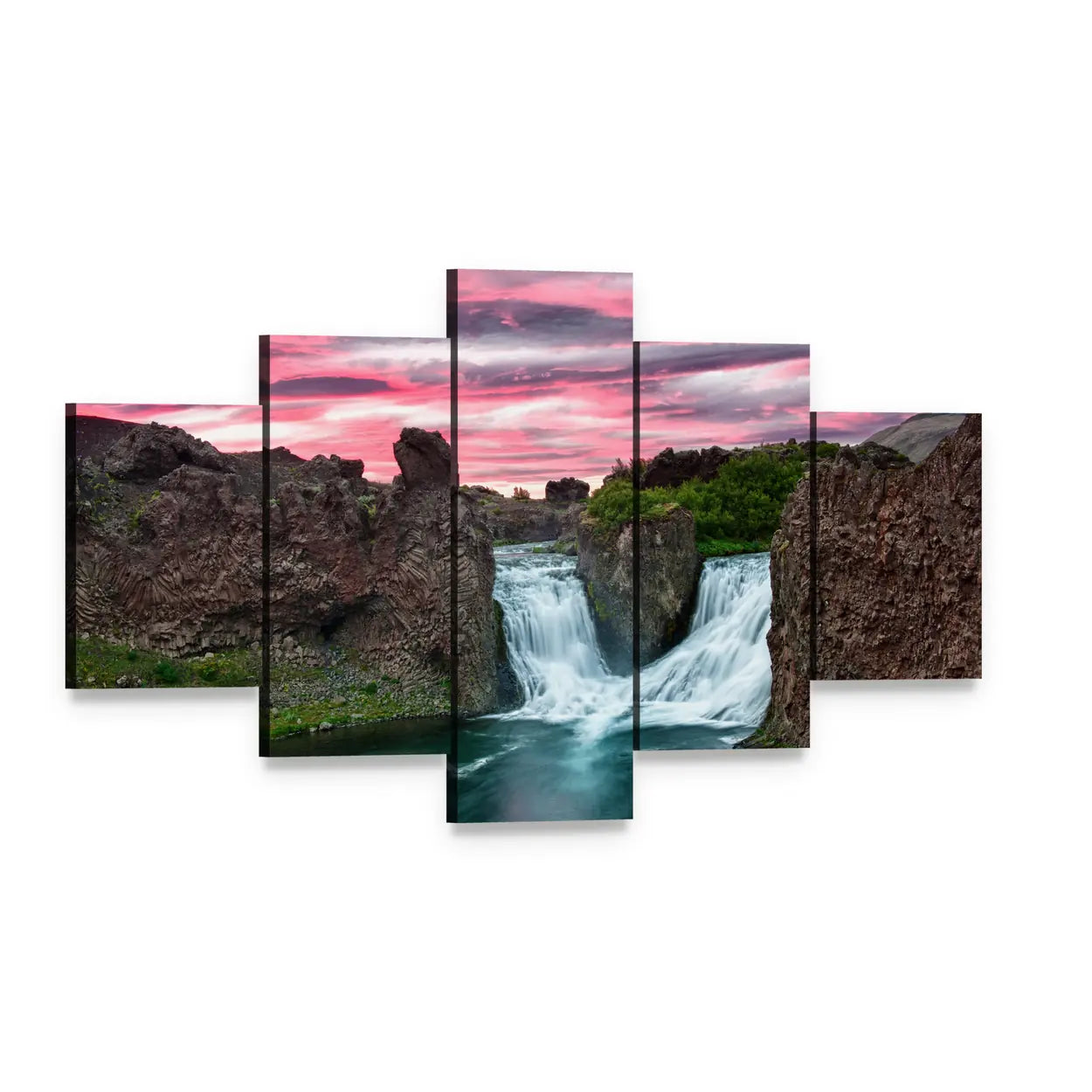 Double Waterfall Over Rocky Cliffs Canvas Wall Art, 5 panel 5 Star layout gallery wrapped canvas set, angled product view