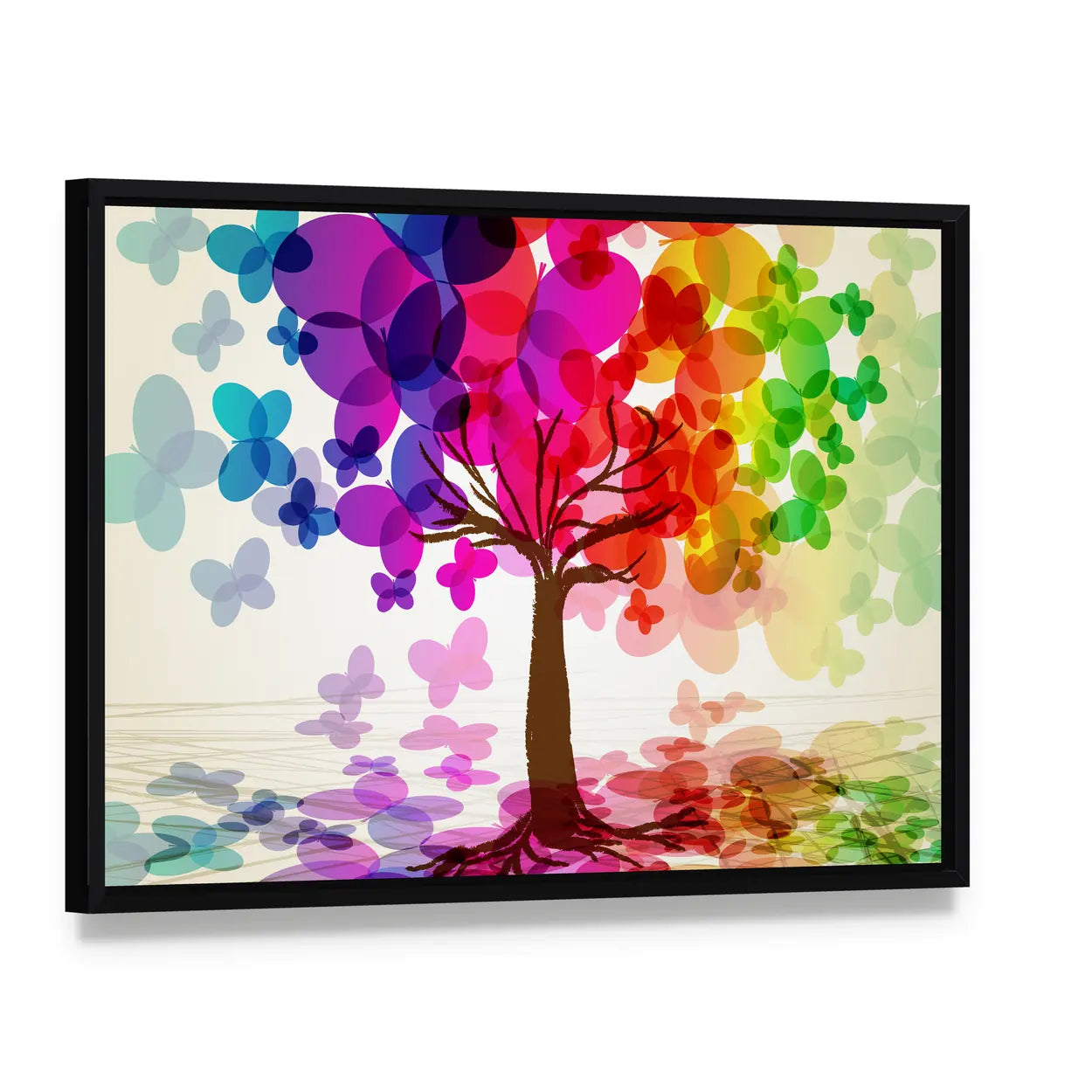 Abstract Colorful Tree with Butterflies Canvas Wall Art, framed canvas in a black floater frame, angled product view