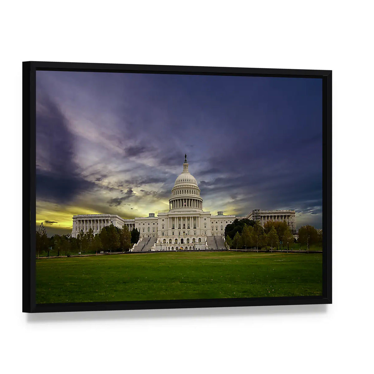 United States Capitol at Sunset Washington Dc Canvas Wall Art, framed canvas in a black floater frame, angled product view