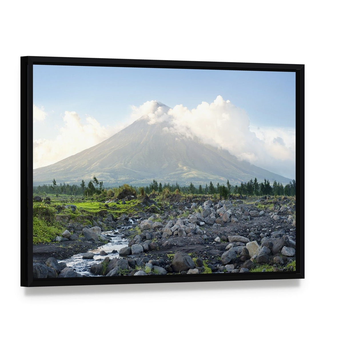 Mayon Volcano Philippines Canvas Wall Art, framed canvas in a black floater frame, angled product view