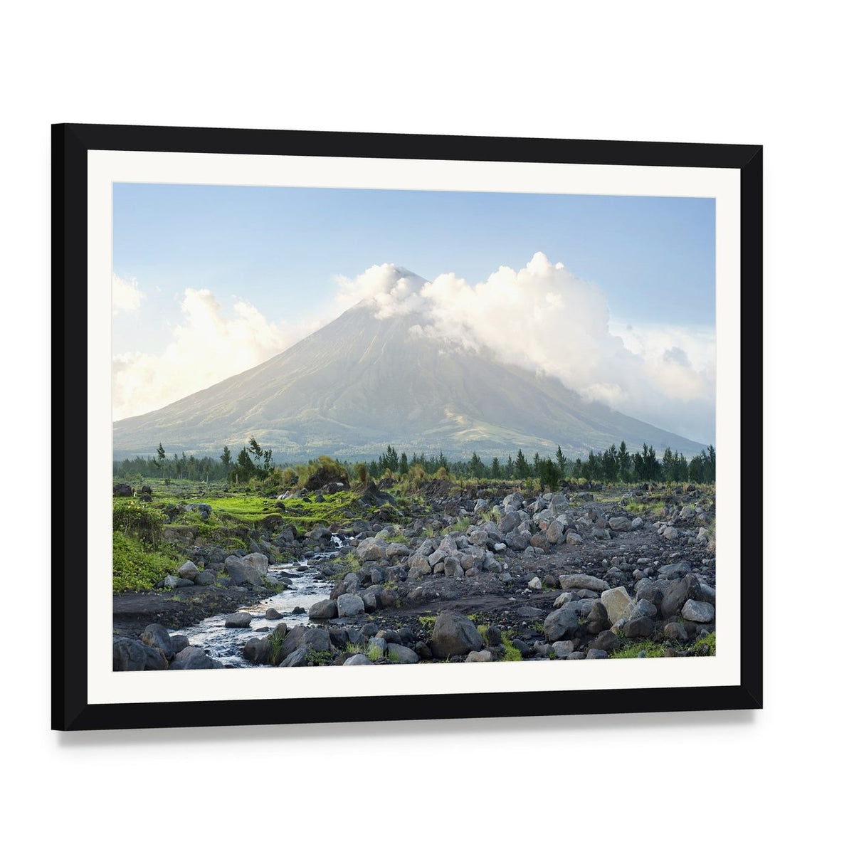 Mayon Volcano Philippines Canvas Wall Art, framed print with white mat and black frame, angled product view