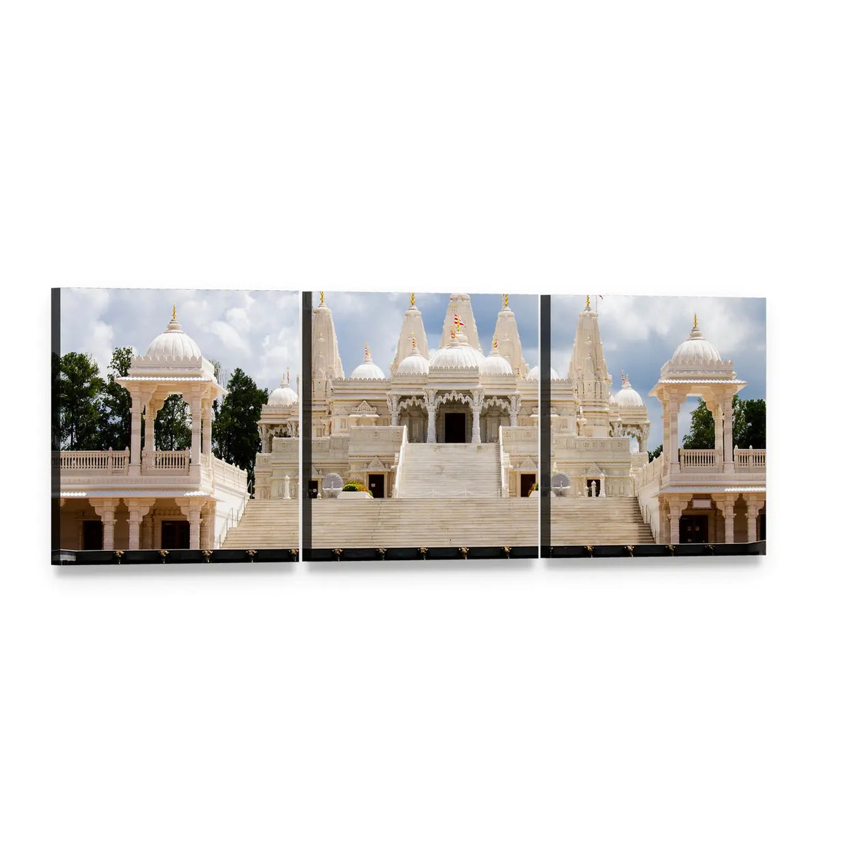 Atlanta White Marble Hindu Temple Panoramic Canvas Wall Art, 3 panel 3 Piece layout gallery wrapped canvas set, angled product view