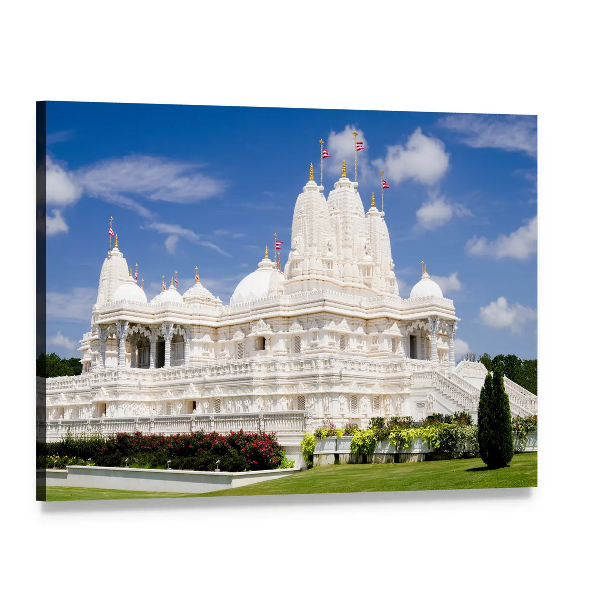White Marble Hindu Temple with Saffron Flags Canvas Wall Art, single panel gallery wrapped canvas, angled product view