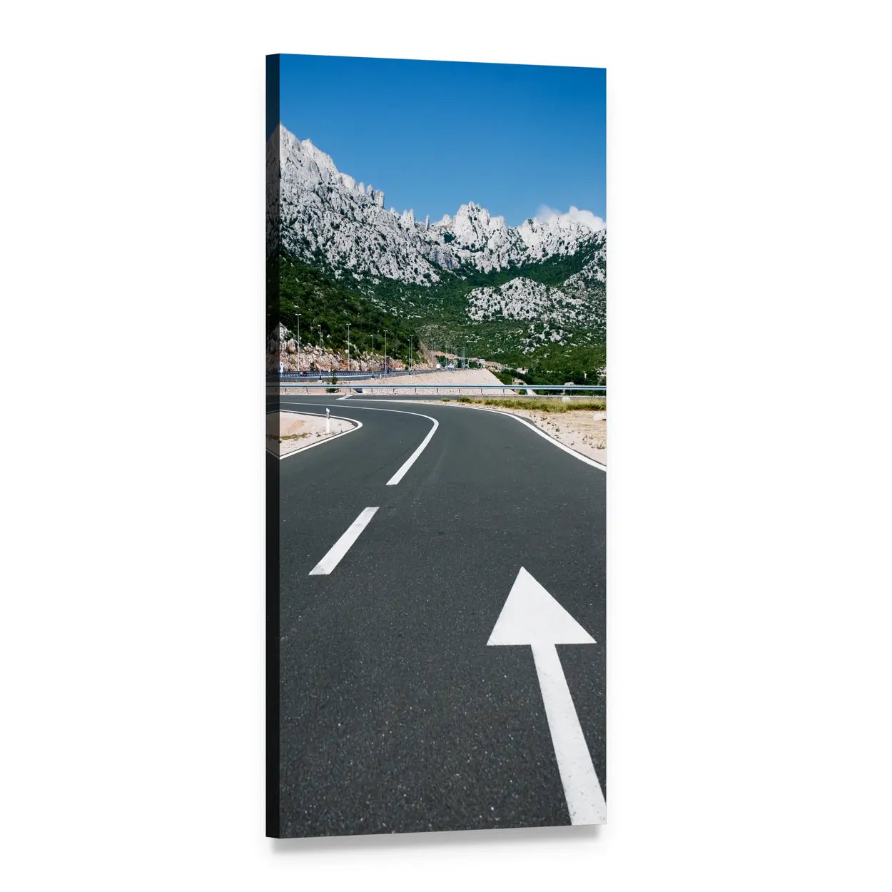 Asphalt Highway Through Mountains Vertical Canvas Wall Art, 1 panel 1 Vertical layout gallery wrapped canvas set, angled product view