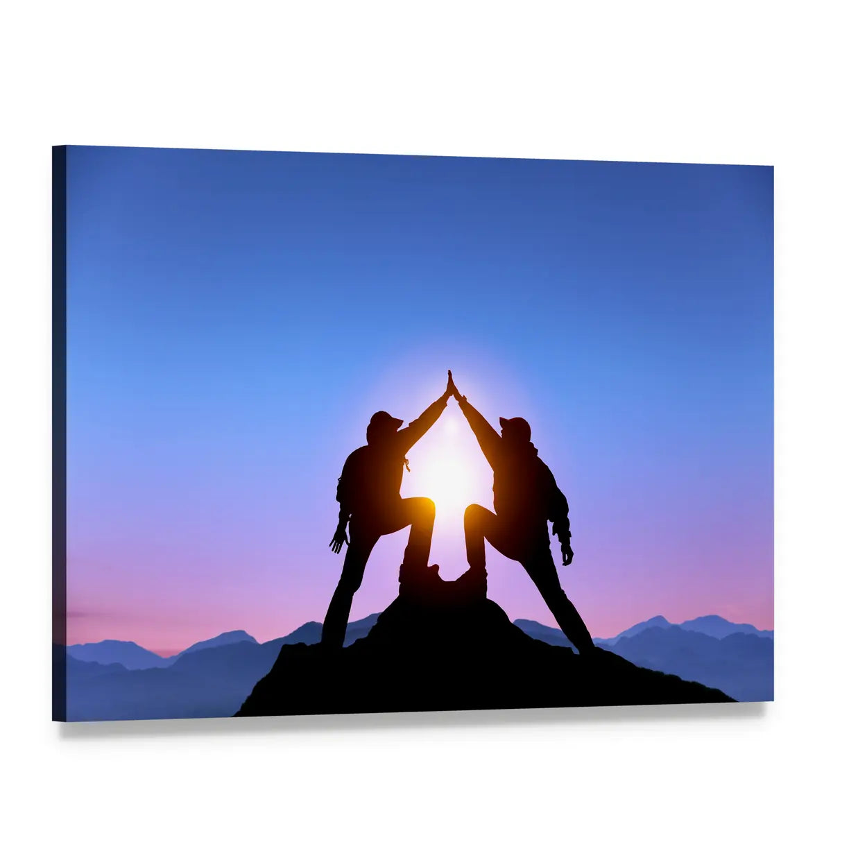 Silhouetted Hikers High-five at Sunrise Canvas Wall Art, single panel gallery wrapped canvas, angled product view