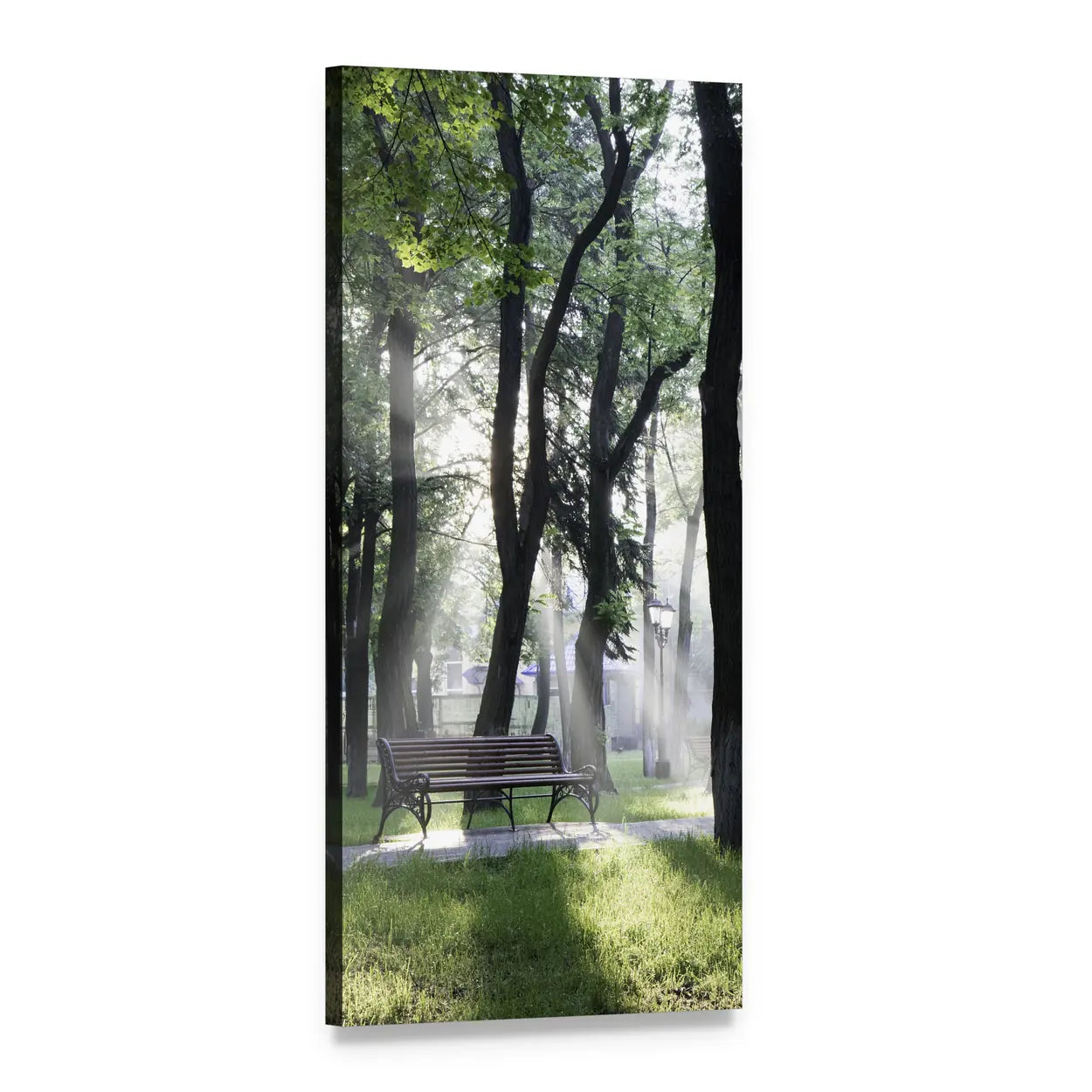 Park Bench in Morning Sunbeams Vertical Canvas Wall Art, 1 panel 1 Vertical layout gallery wrapped canvas set, angled product view