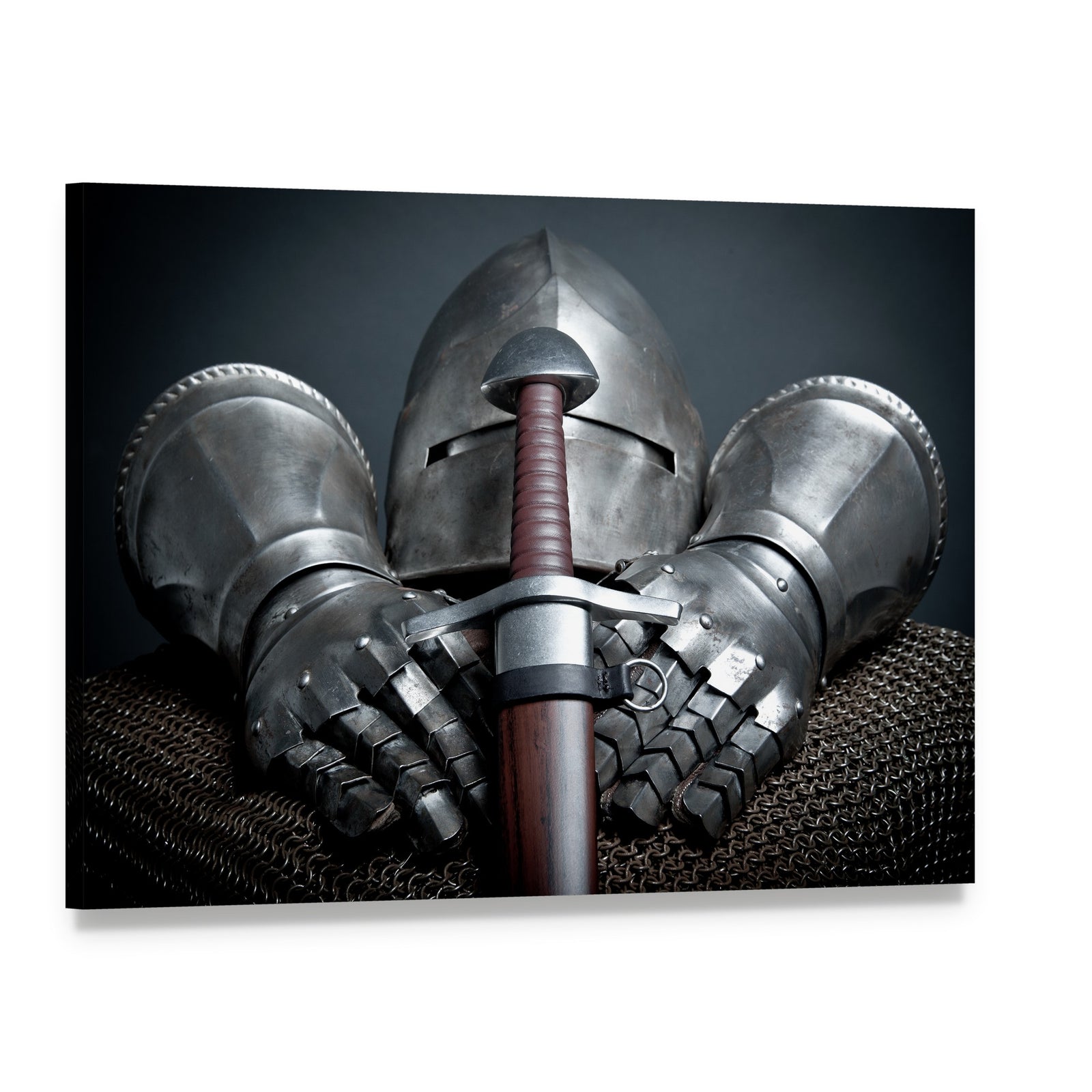 Knight Helmet, Gauntlets and Sword Canvas Wall Art, single panel gallery wrapped canvas, angled product view