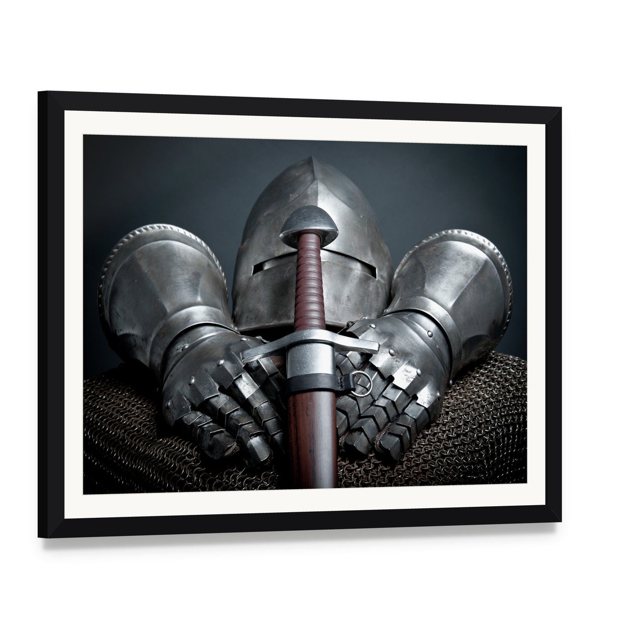 Knight Helmet, Gauntlets and Sword Canvas Wall Art, framed print with white mat and black frame, angled product view