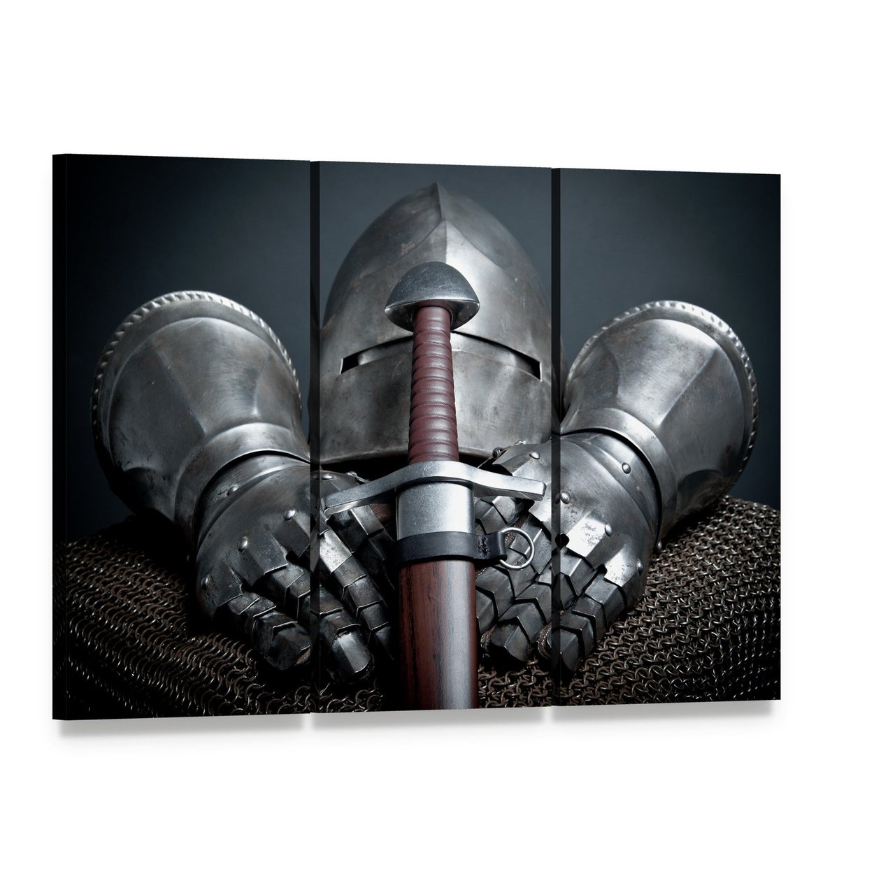 Knight Helmet, Gauntlets and Sword Canvas Wall Art, 3 panel 3 Horizontal layout gallery wrapped canvas set, angled product view