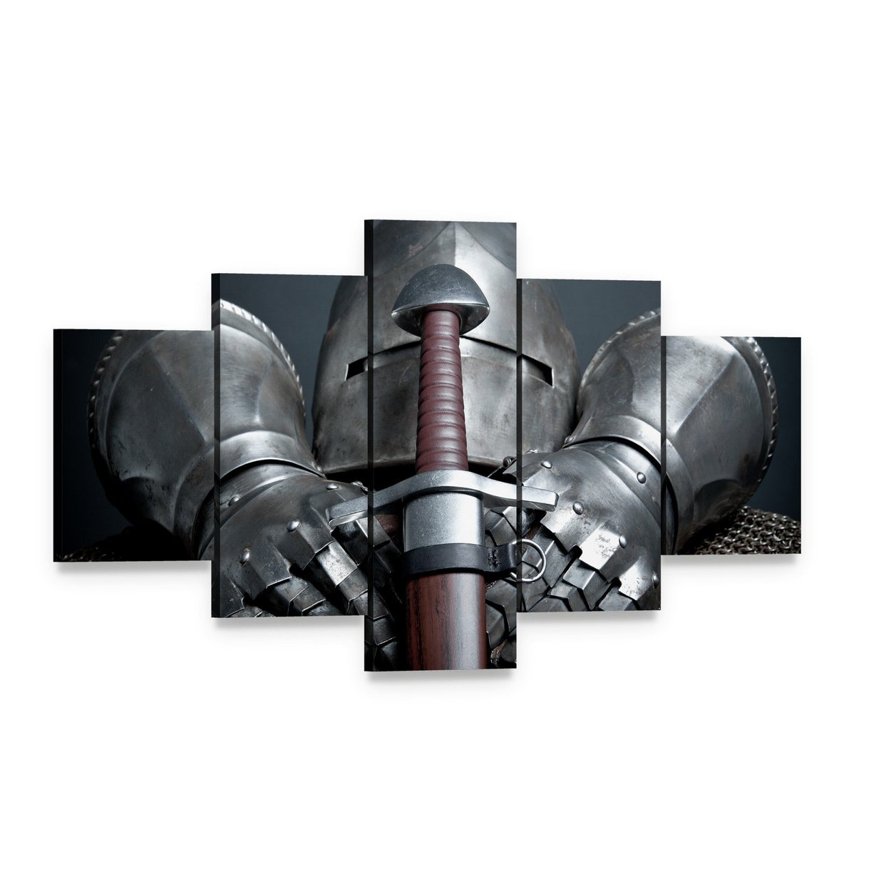 Knight Helmet, Gauntlets and Sword Canvas Wall Art, 5 panel 5 Star layout gallery wrapped canvas set, angled product view