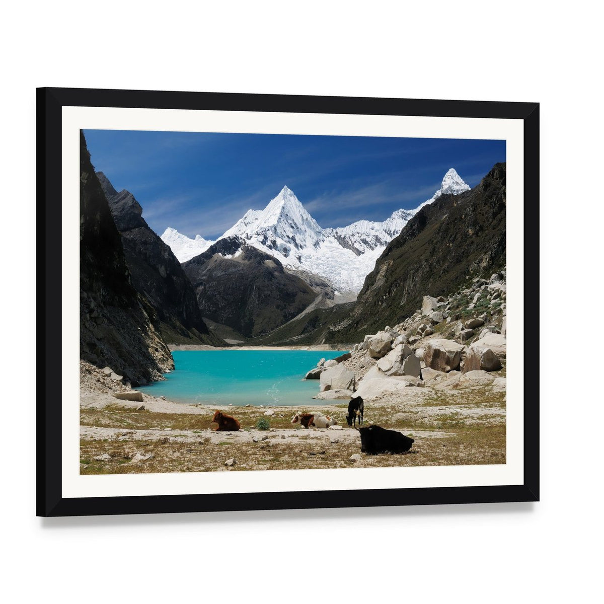 Humantay Lake Turquoise Mountain View Canvas Wall Art, framed print with white mat and black frame, angled product view