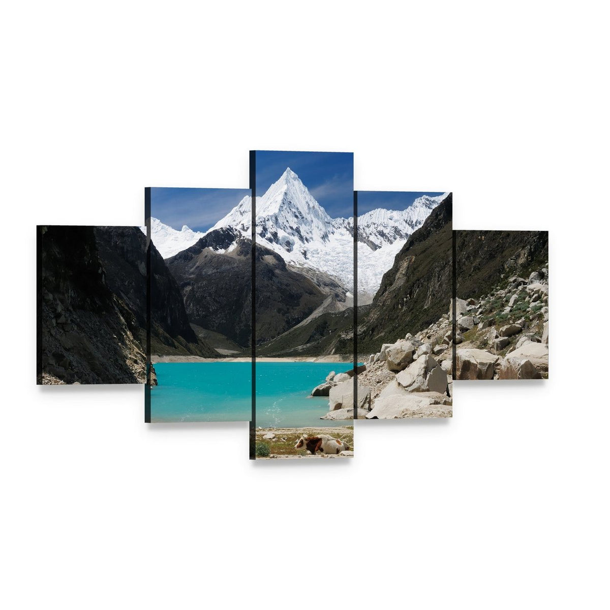 Humantay Lake Turquoise Mountain View Canvas Wall Art, 5 panel 5 Star layout gallery wrapped canvas set, angled product view