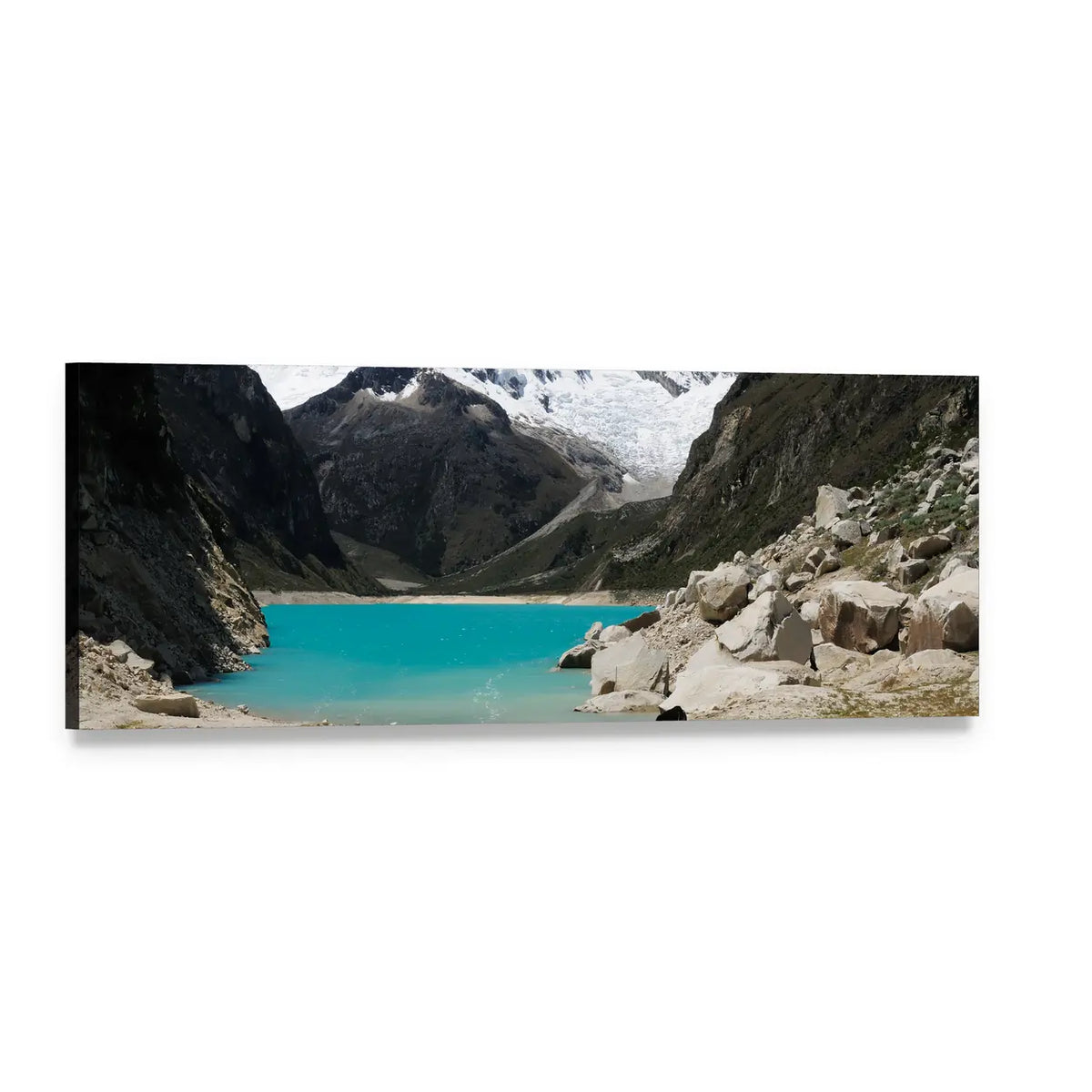 Humantay Lake Turquoise Mountain Landscape Panoramic Canvas Wall Art, single panel gallery wrapped canvas, angled product view