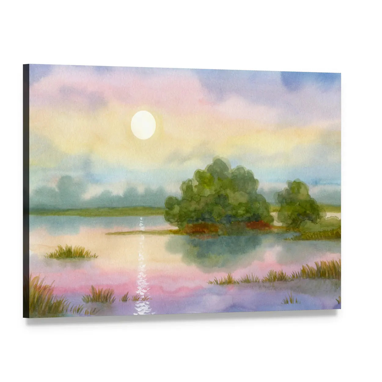 Sunrise Over Lake Canvas Wall Art, single panel gallery wrapped canvas, angled product view