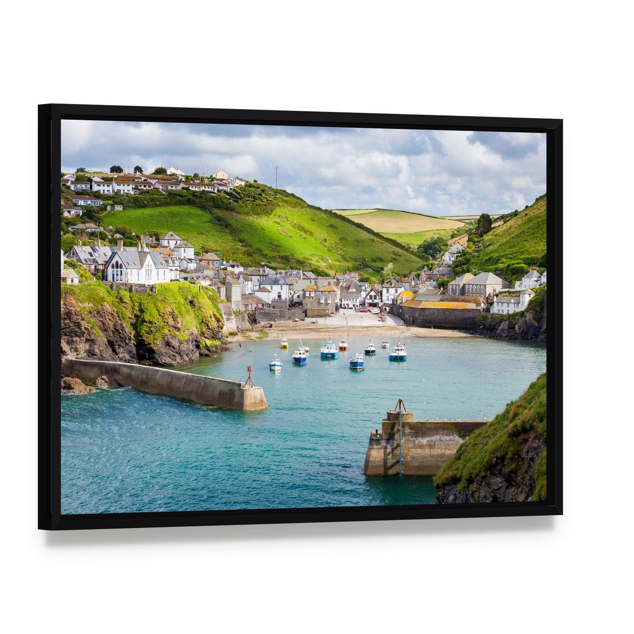 Fishing Village of Port Isaac Canvas Wall Art, framed canvas in a black floater frame, angled product view