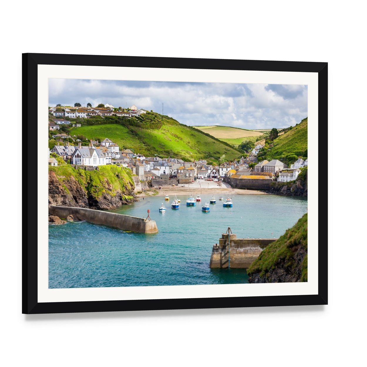 Fishing Village of Port Isaac Canvas Wall Art, framed print with white mat and black frame, angled product view