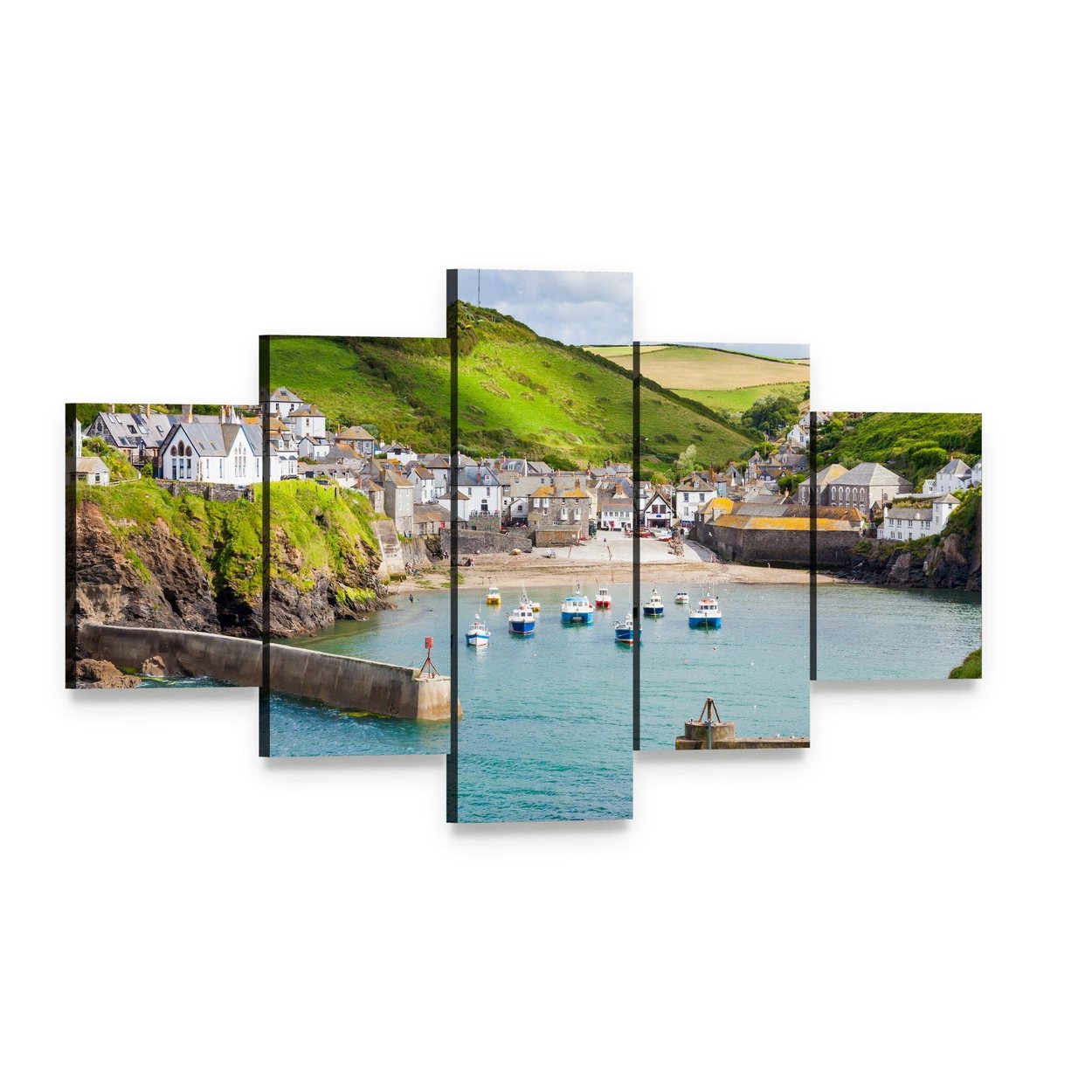 Fishing Village of Port Isaac Canvas Wall Art, 5 panel 5 Star layout gallery wrapped canvas set, angled product view