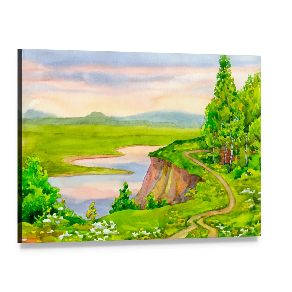Spring River with Birch Trees Canvas Wall Art, single panel gallery wrapped canvas, angled product view