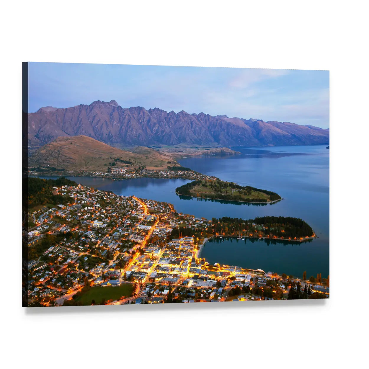 Queenstown Downtown at Dusk Canvas Wall Art, single panel gallery wrapped canvas, angled product view