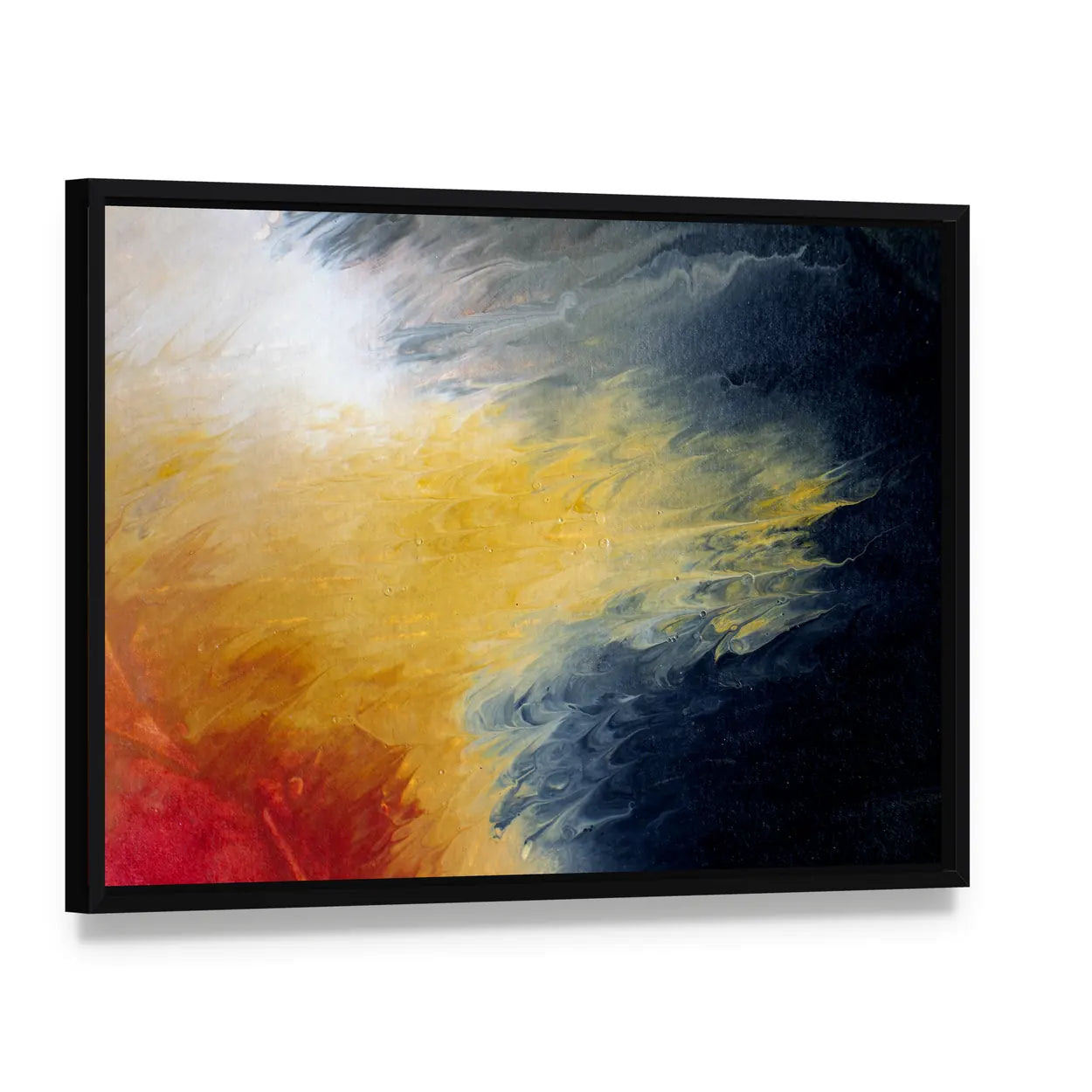 Solar Flare Nebula Abstract Canvas Wall Art, framed canvas in a black floater frame, angled product view