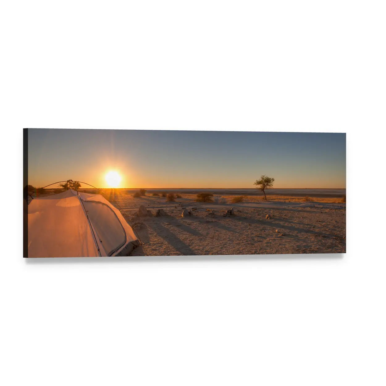 Desert Tent at Sunrise Panoramic Canvas Wall Art, single panel gallery wrapped canvas, angled product view