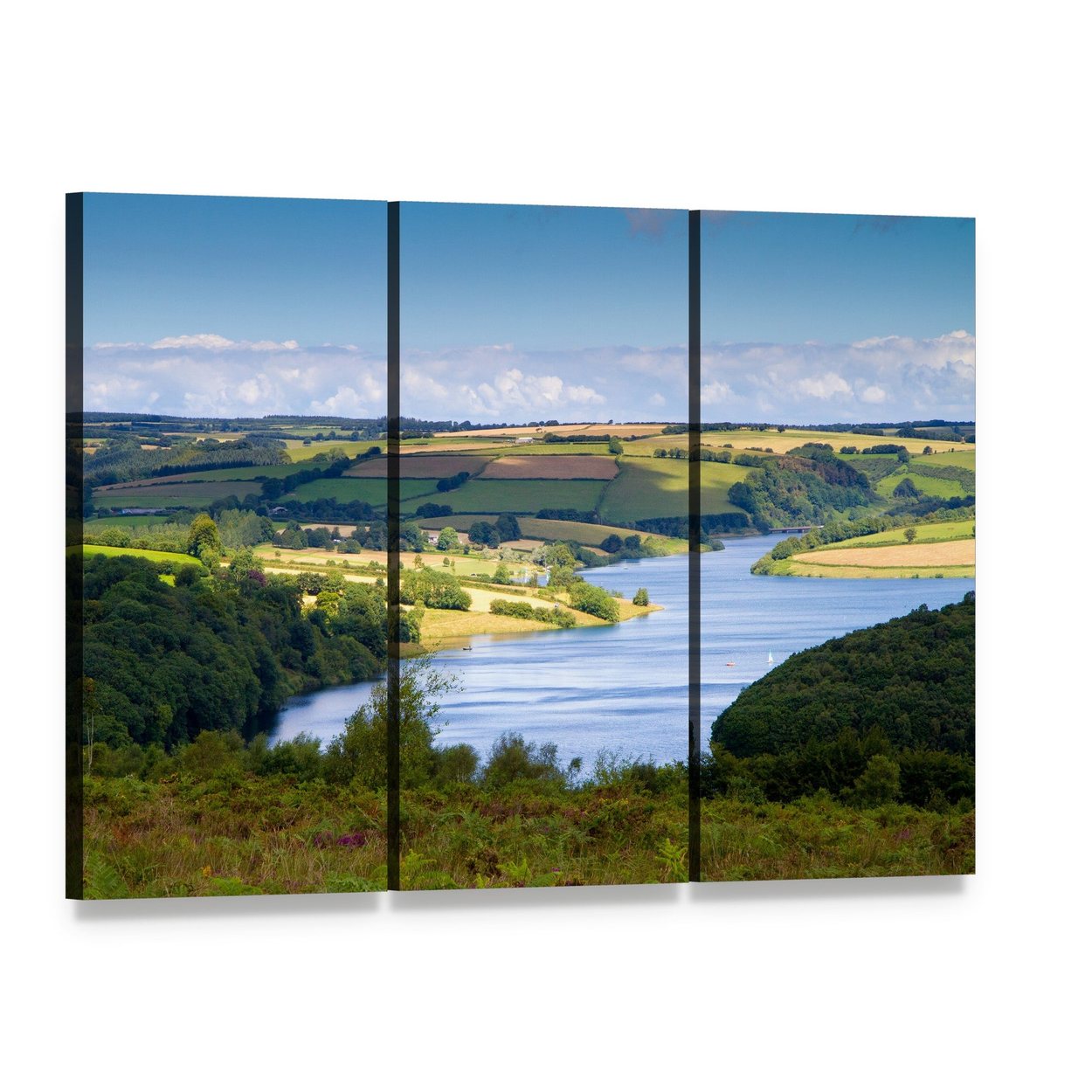 Wimbleball Lake Reflections Canvas Wall Art, 3 panel 3 Horizontal layout gallery wrapped canvas set, angled product view