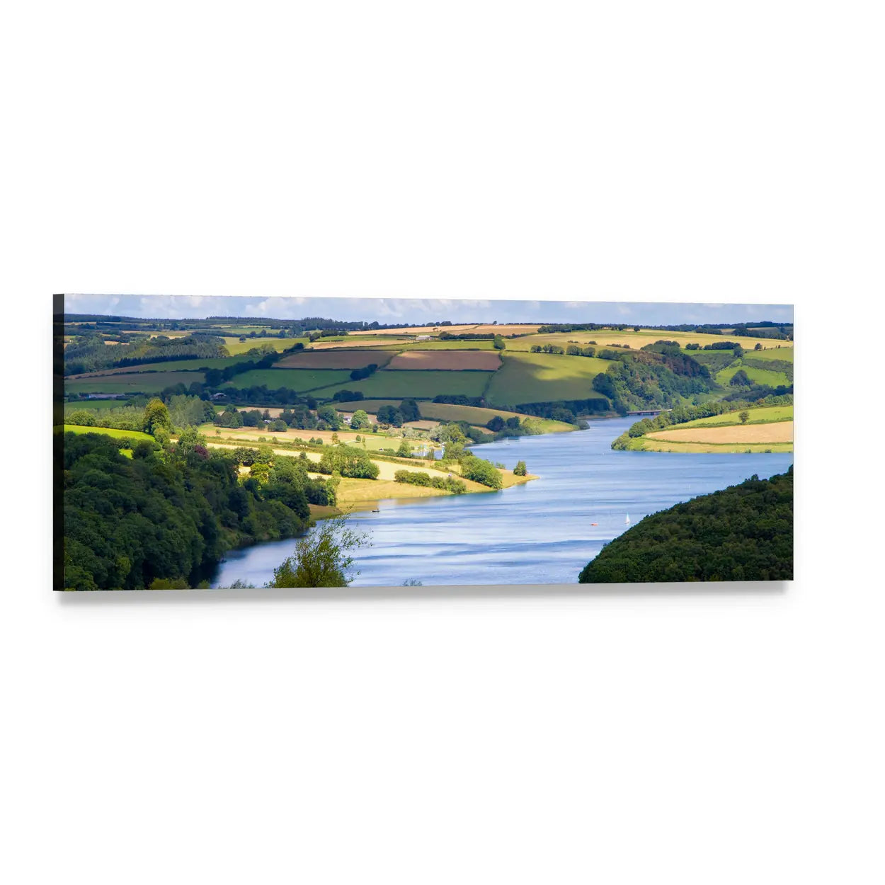 Wimbleball Lake Pastoral Landscape Panoramic Canvas Wall Art, single panel gallery wrapped canvas, angled product view