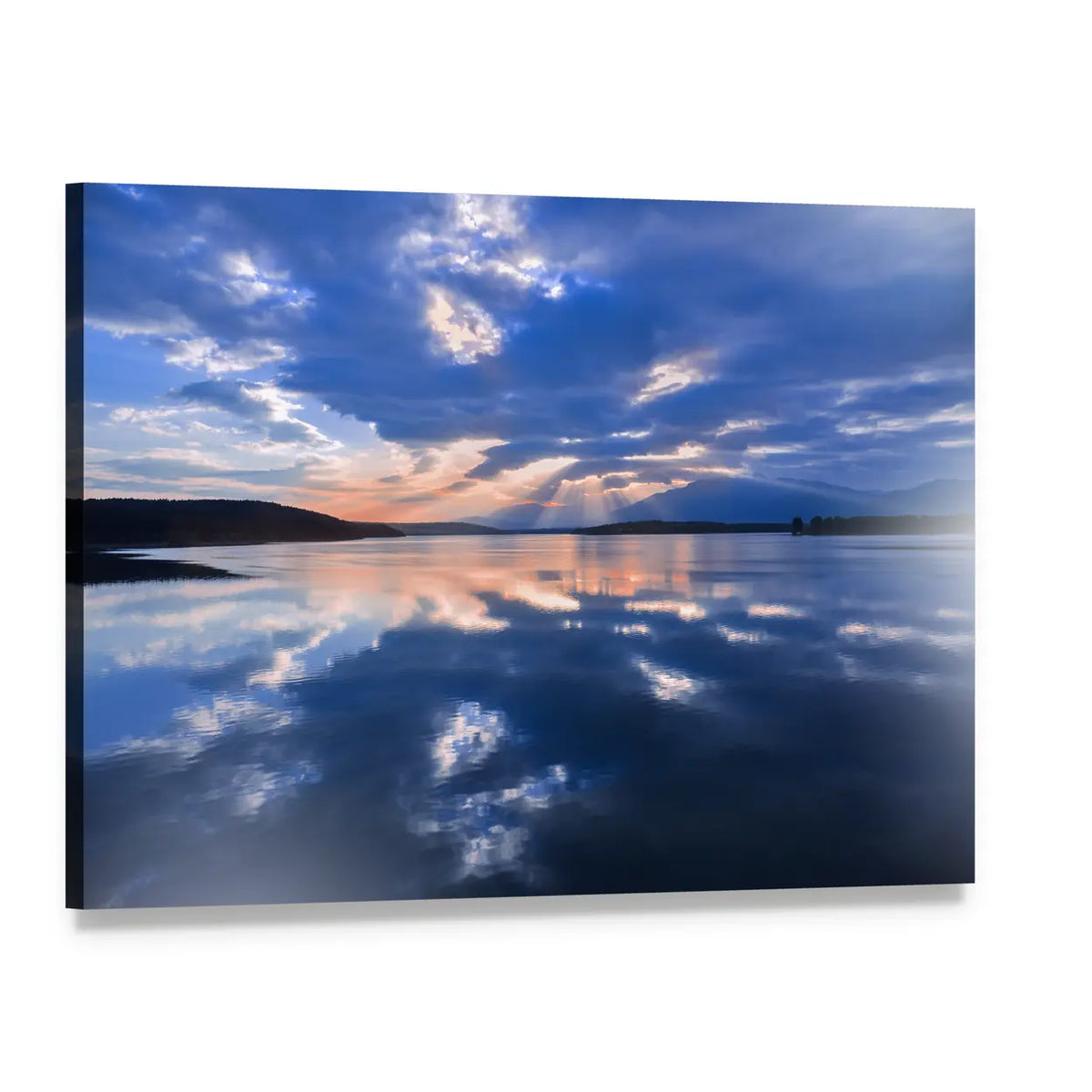 Sunset Over Reflective Lake Canvas Wall Art, single panel gallery wrapped canvas, angled product view
