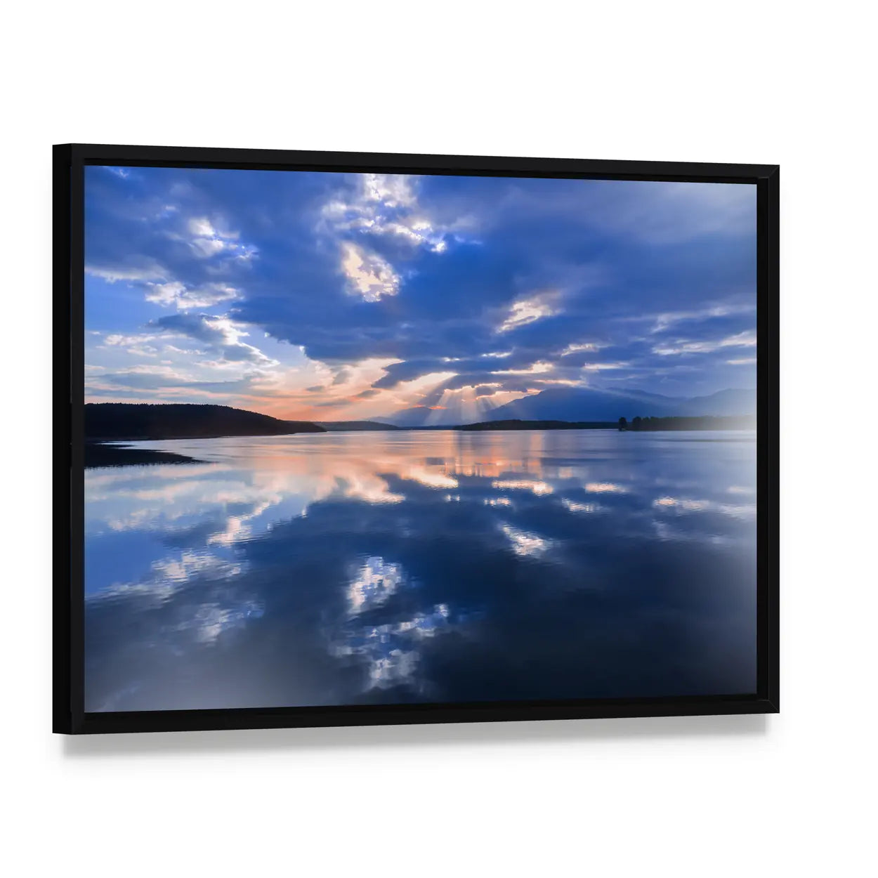 Sunset Over Reflective Lake Canvas Wall Art, framed canvas in a black floater frame, angled product view