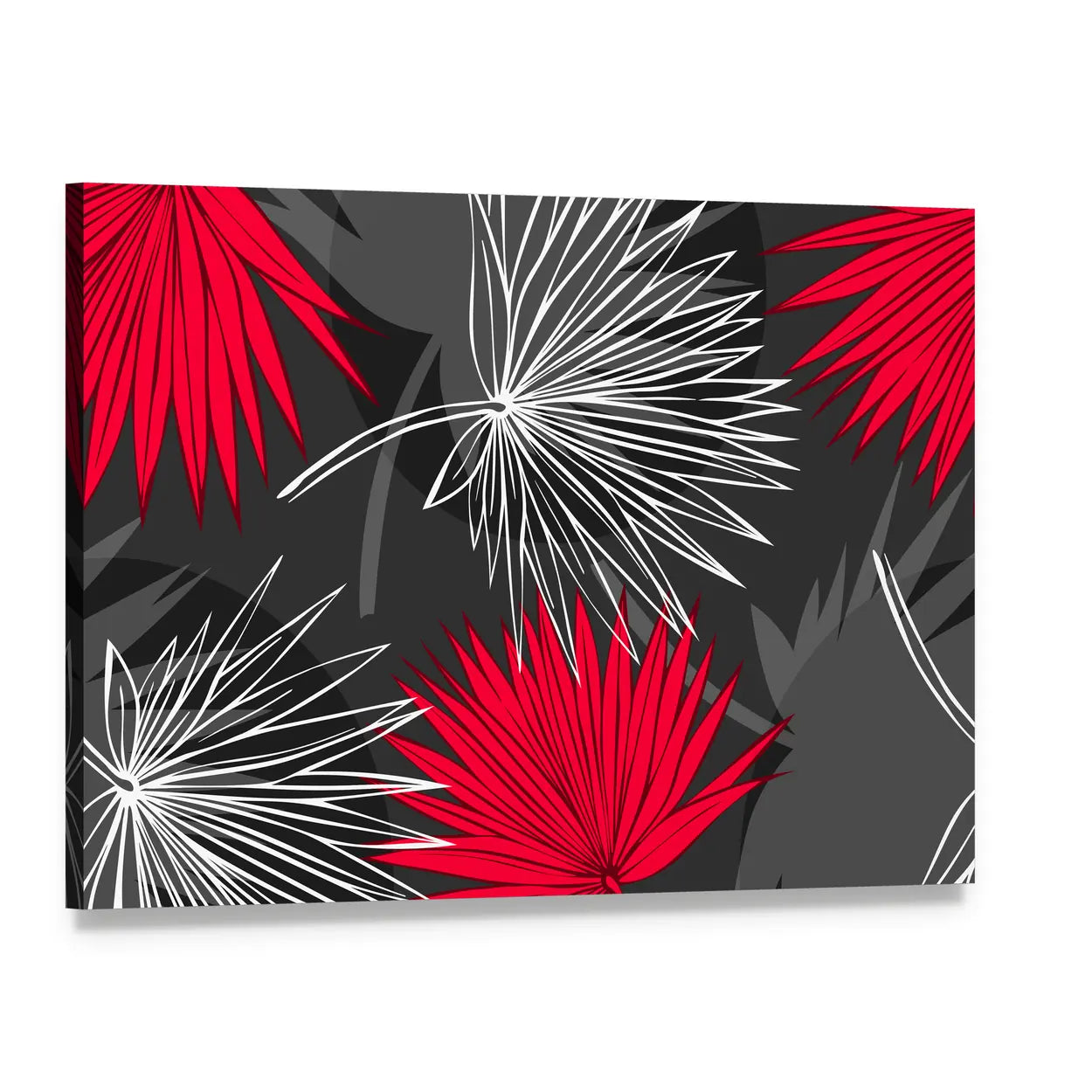 Red and Gray Palm Leaf Pattern Canvas Wall Art, single panel gallery wrapped canvas, angled product view