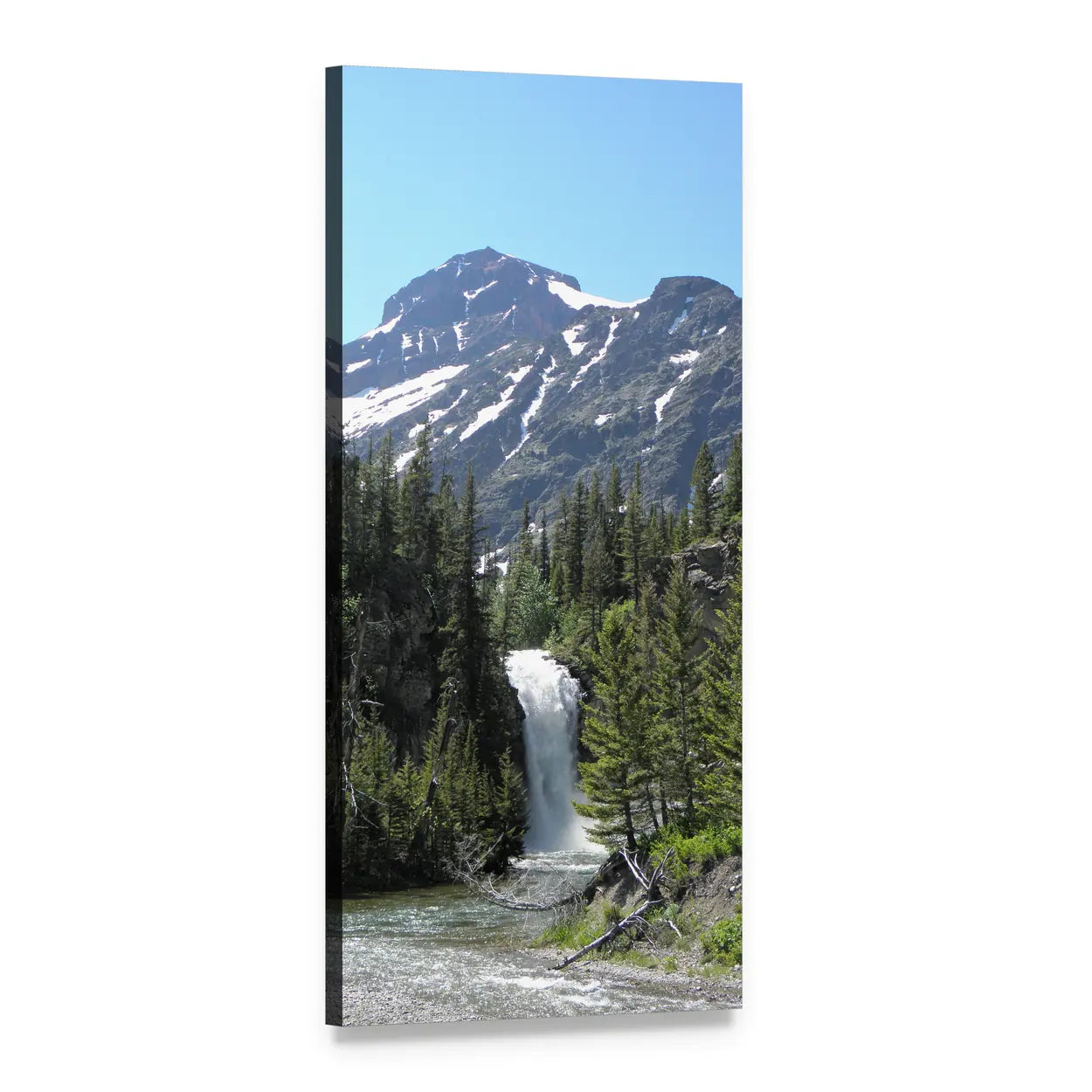 Waterfall Below Snow-capped Mountain Peaks Vertical Canvas Wall Art, 1 panel 1 Vertical layout gallery wrapped canvas set, angled product view