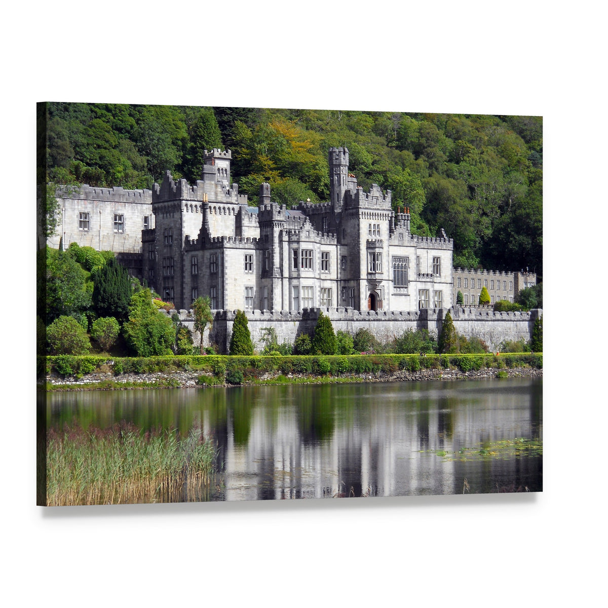 Kylemore Abbey Reflected in Lake Canvas Wall Art, single panel gallery wrapped canvas, angled product view