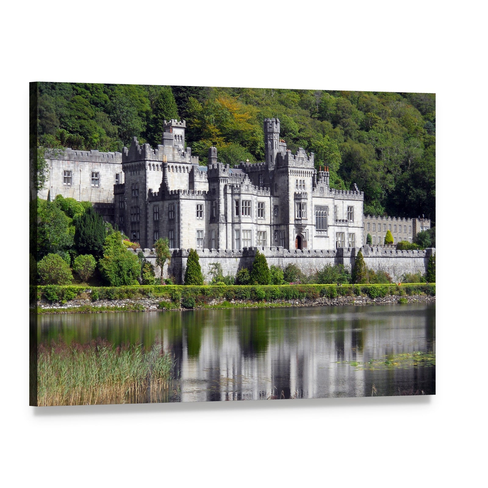 Kylemore Abbey Reflected in Lake Canvas Wall Art, single panel gallery wrapped canvas, angled product view