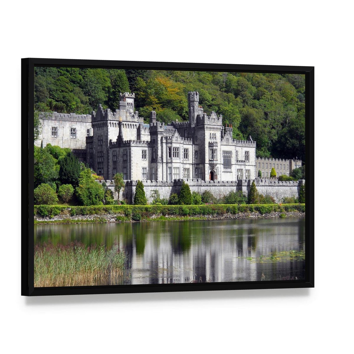 Kylemore Abbey Reflected in Lake Canvas Wall Art, framed canvas in a black floater frame, angled product view