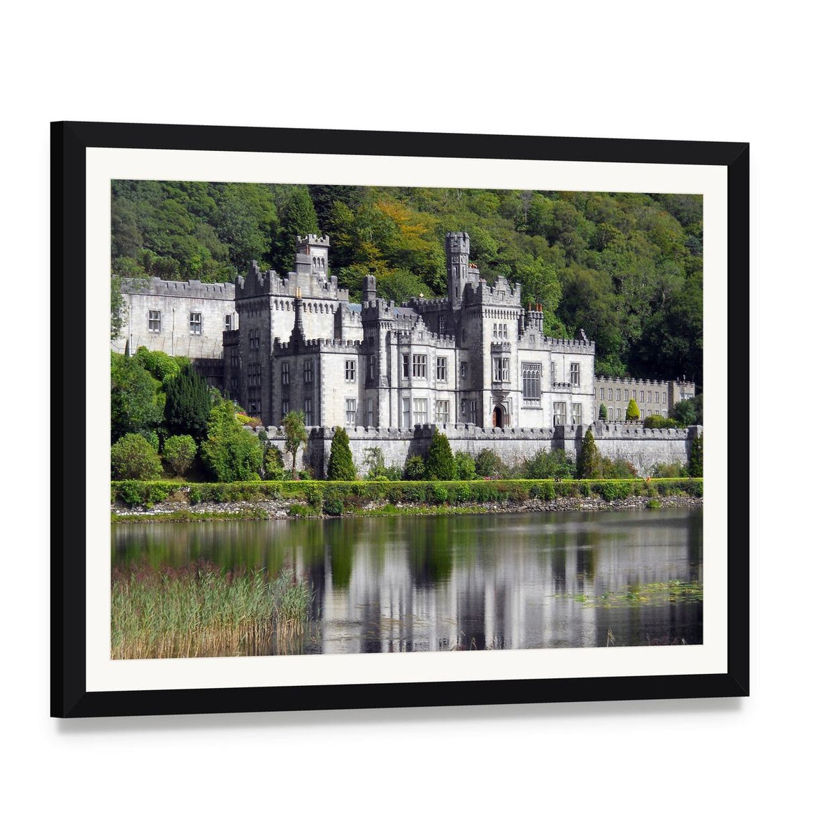 Kylemore Abbey Reflected in Lake Canvas Wall Art, framed print with white mat and black frame, angled product view