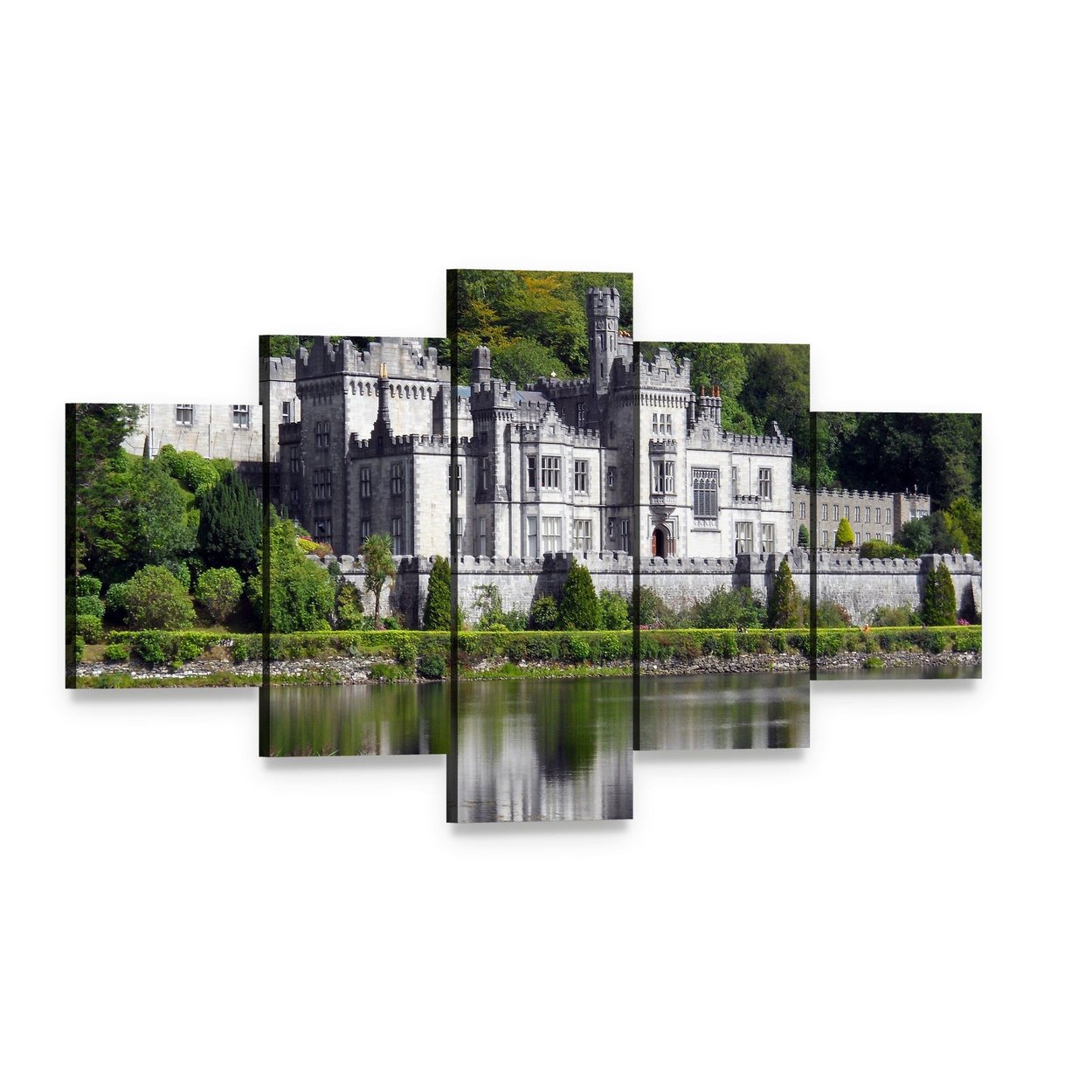 Kylemore Abbey Reflected in Lake Canvas Wall Art, 5 panel 5 Star layout gallery wrapped canvas set, angled product view