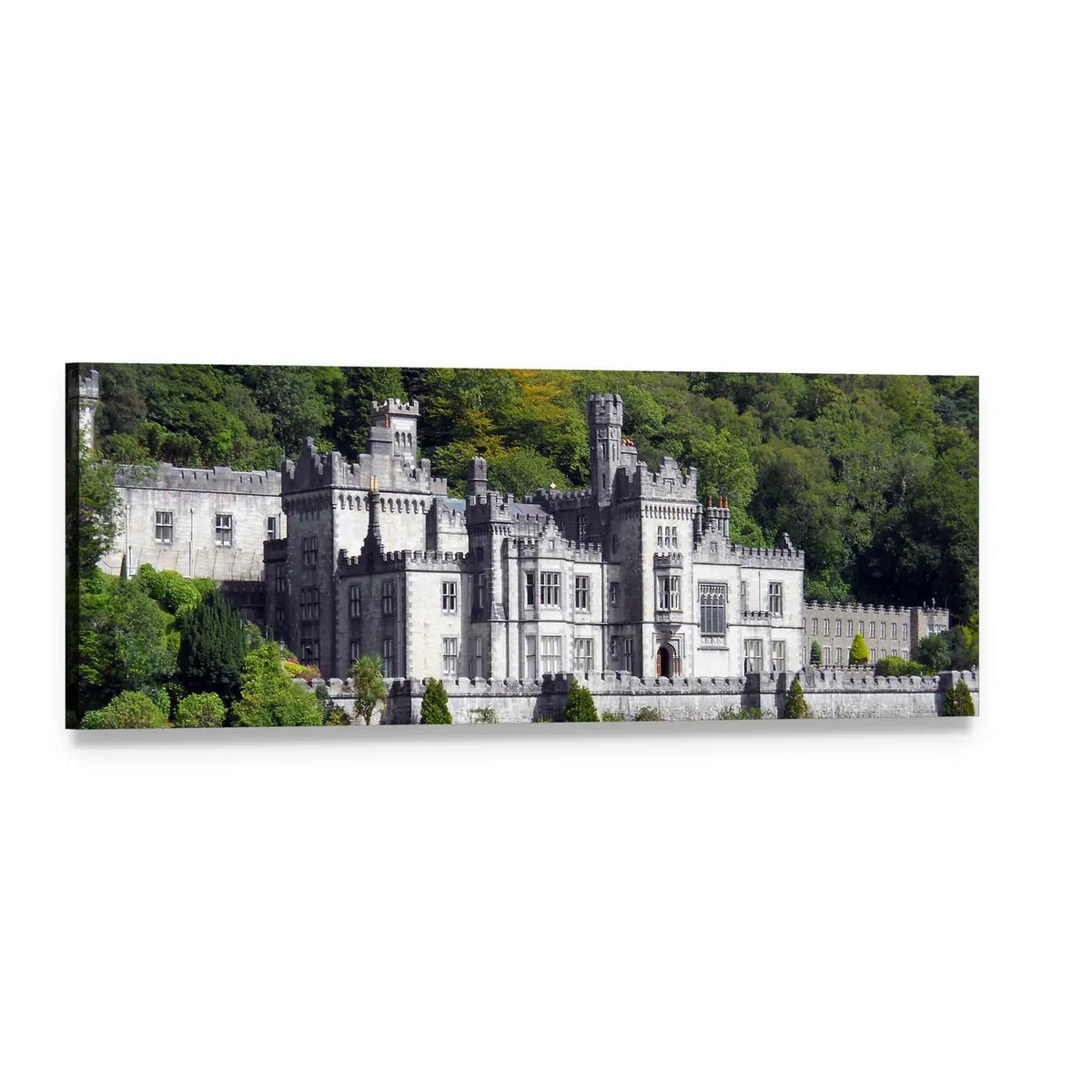Kylemore Abbey, Ireland Panoramic Canvas Wall Art, single panel gallery wrapped canvas, angled product view