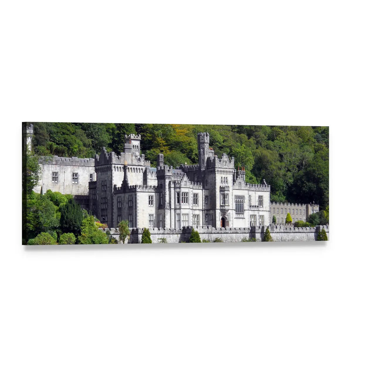 Kylemore Abbey, Ireland Panoramic Canvas Wall Art, single panel gallery wrapped canvas, angled product view