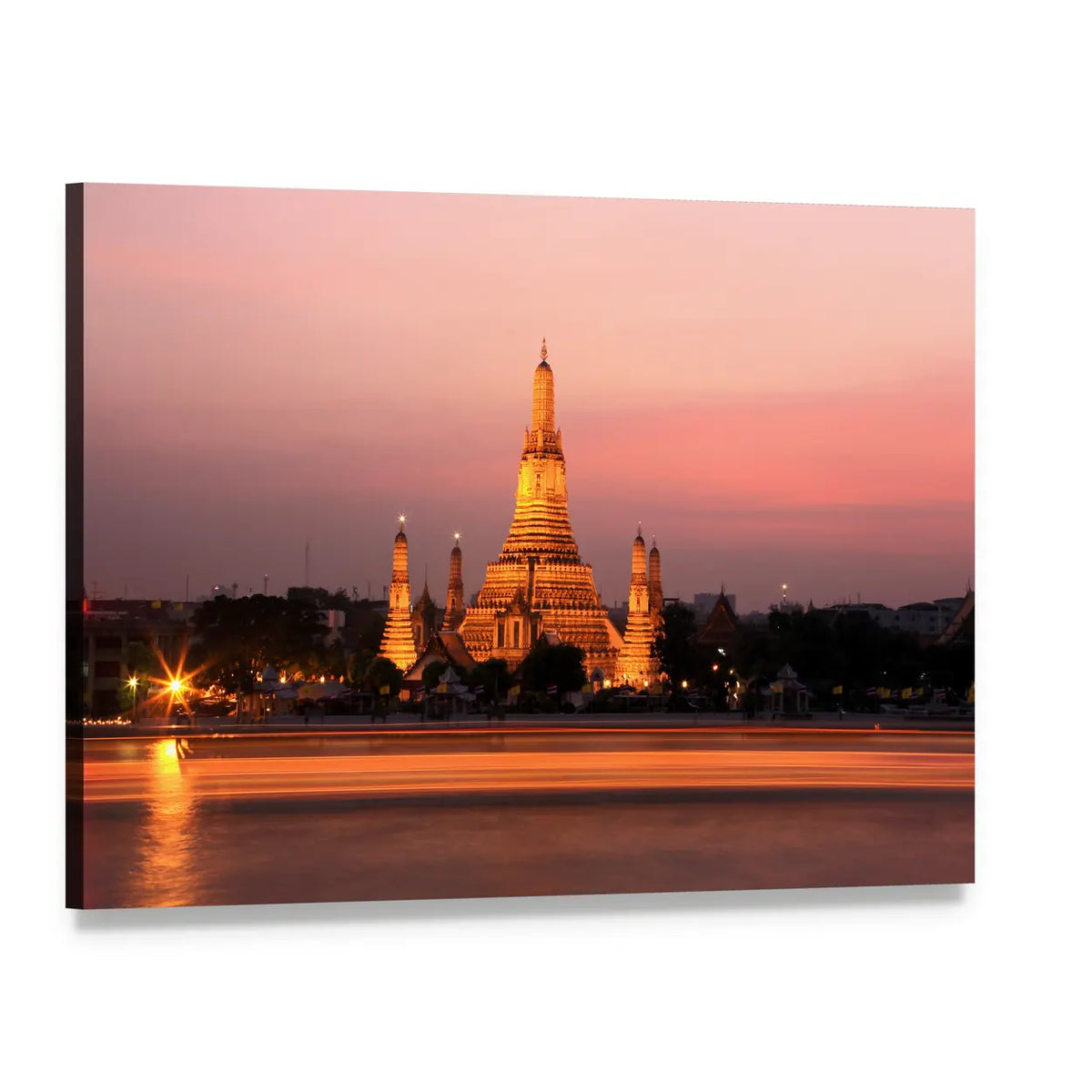 Wat Arun Temple At Sunset In Bangkok Thailand Canvas Wall Art, single panel gallery wrapped canvas, angled product view