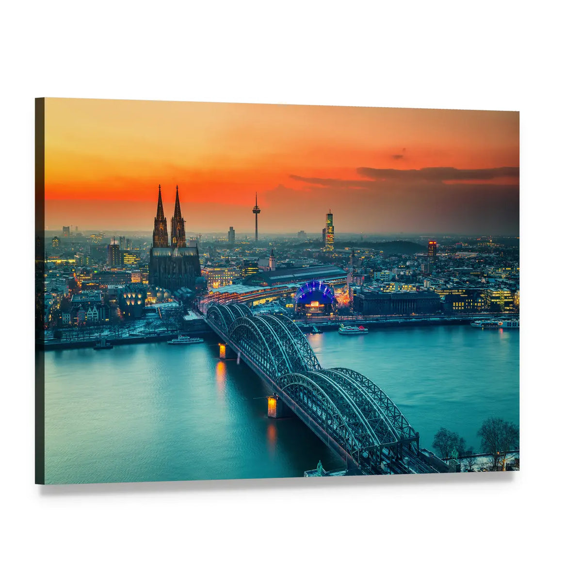 Cologne Cathedral And Hohenzollern Bridge At Night In Germany Canvas Wall Art, single panel gallery wrapped canvas, angled product view