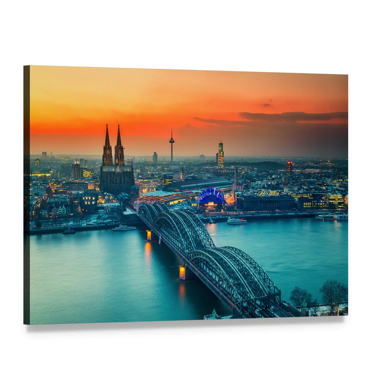 Cologne Cathedral And Hohenzollern Bridge At Night In Germany Canvas Wall Art, single panel gallery wrapped canvas, angled product view